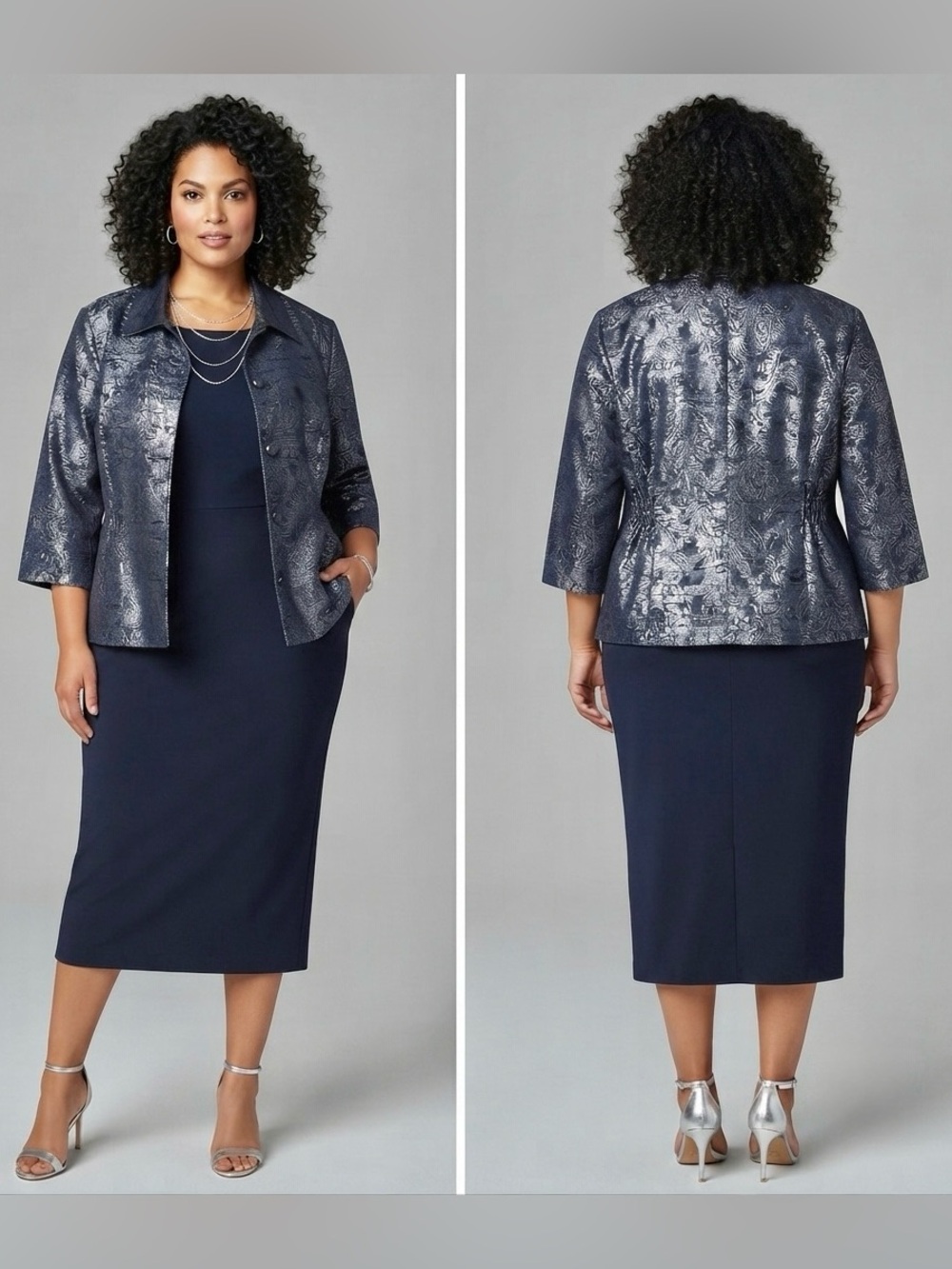 Alfred Dunner Metallic Navy Jacquard Button Jacket Size 12